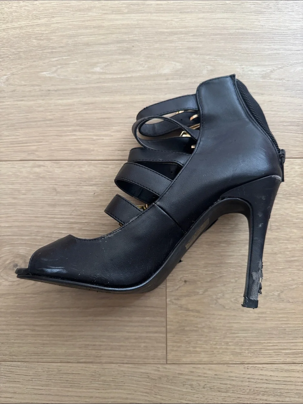 Forever 21 Black Strappy Peep-Toe Heels with Gold Buckle Accents